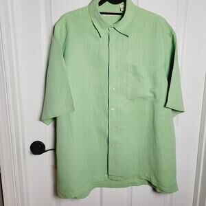 Peter Millar Shirt Mens Large Green Silk Linen Button Camp Business Casual Beach